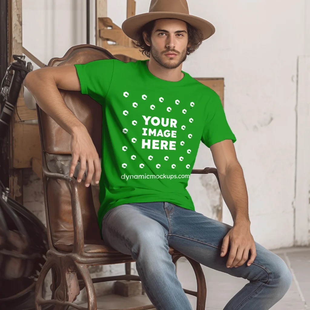 Man Wearing Green T-shirt Mockup Front View Template