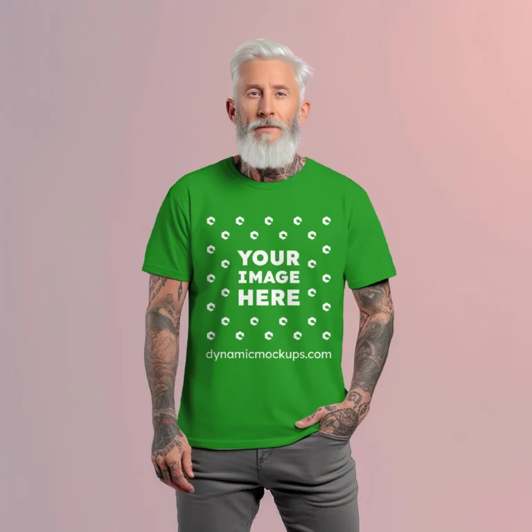 Man Wearing Green T-shirt Mockup Front View Template