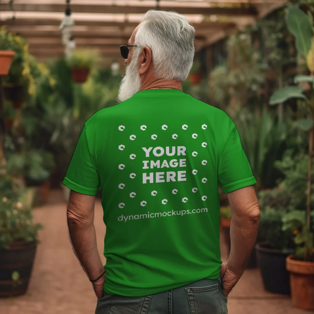 Man Wearing Green T-shirt Mockup Back View Template