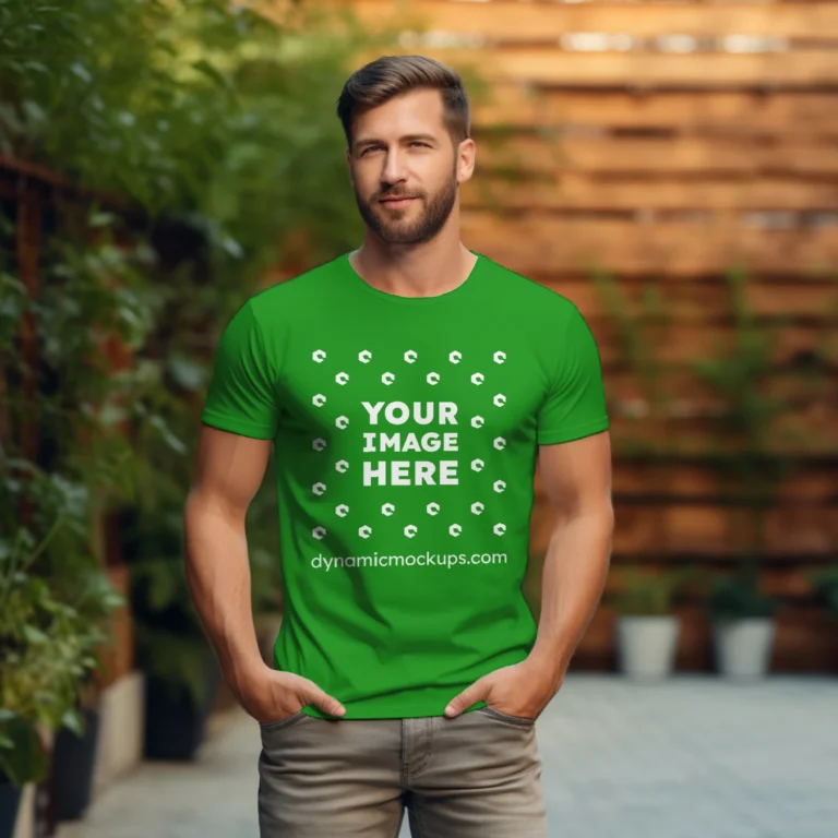 Man Wearing Green T-shirt Mockup Front View Template