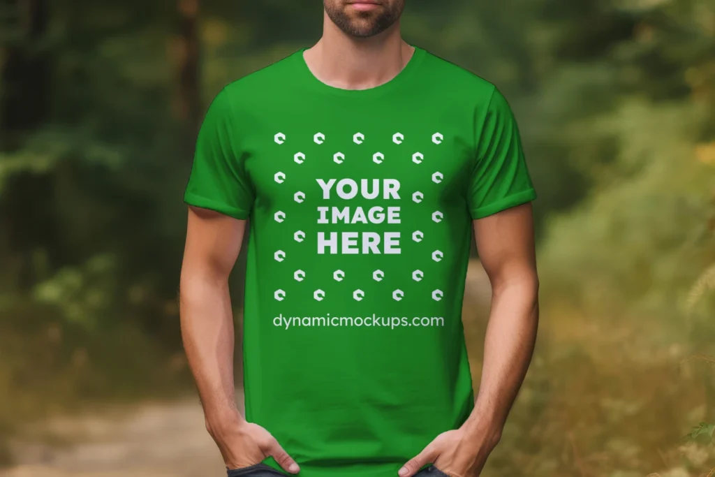 Man Wearing Green T-shirt Mockup Front View Template