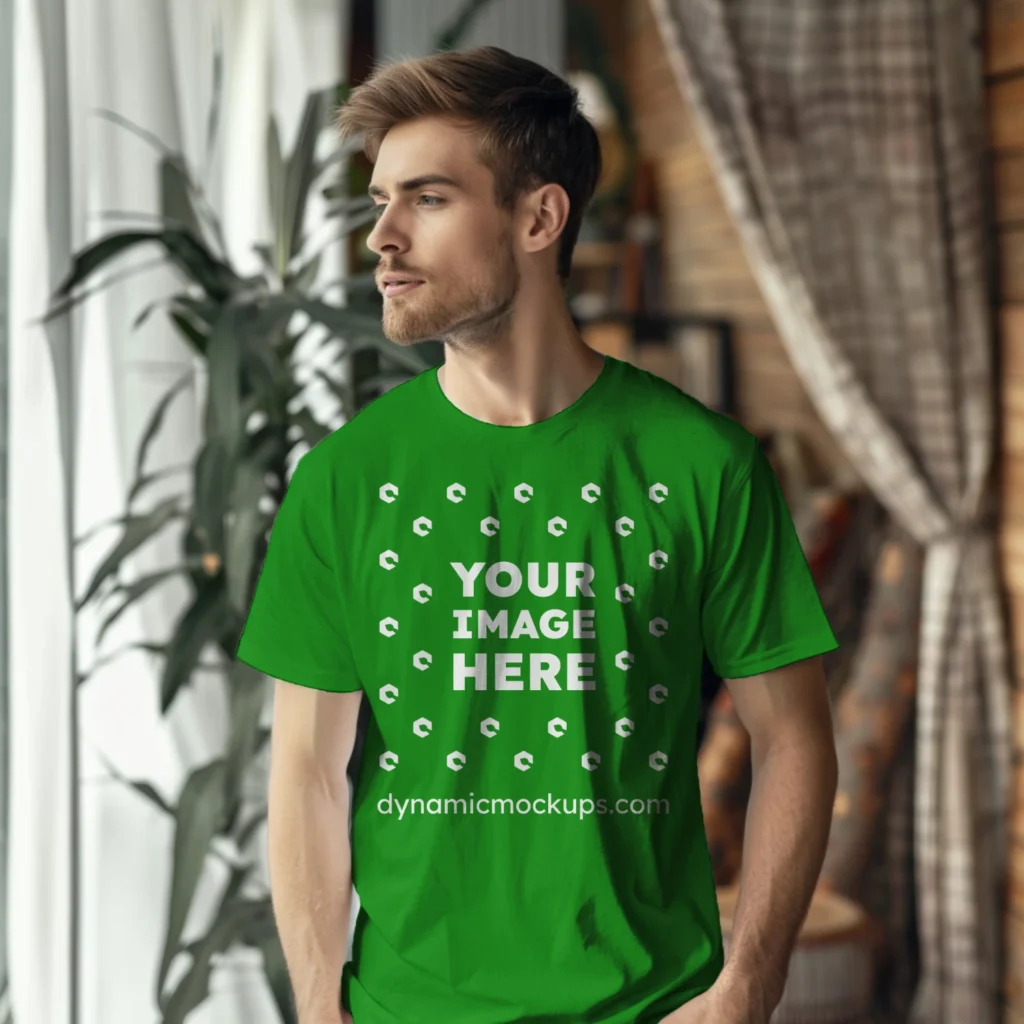 Man Wearing Green T-shirt Mockup Front View Template