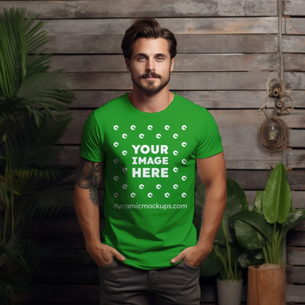 Man Wearing Green T-shirt Mockup Front View Template