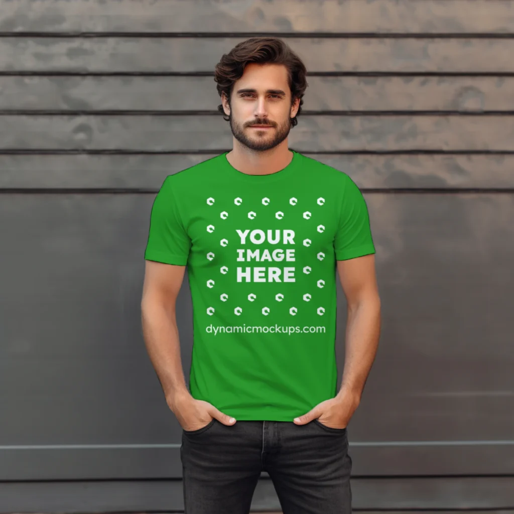 Man Wearing Green T-shirt Mockup Front View Template