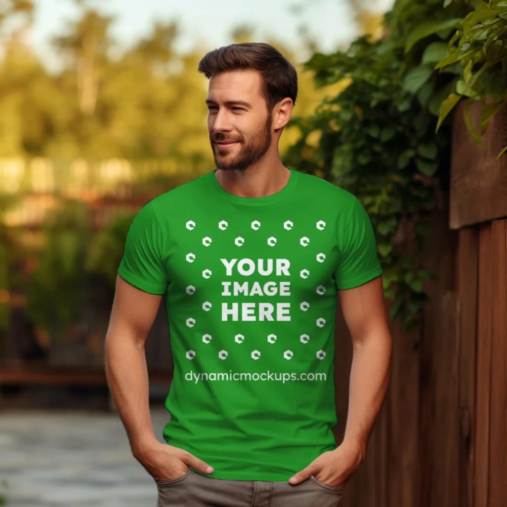 Man Wearing Green T-shirt Mockup Front View Template