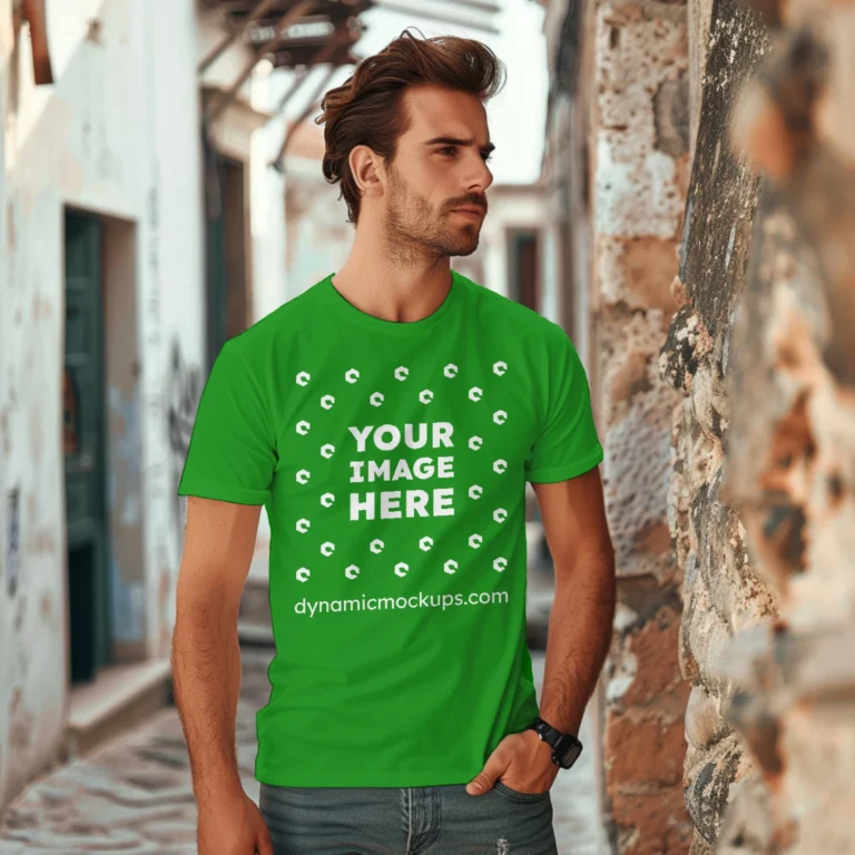 Man Wearing Green T-shirt Mockup Front View Template