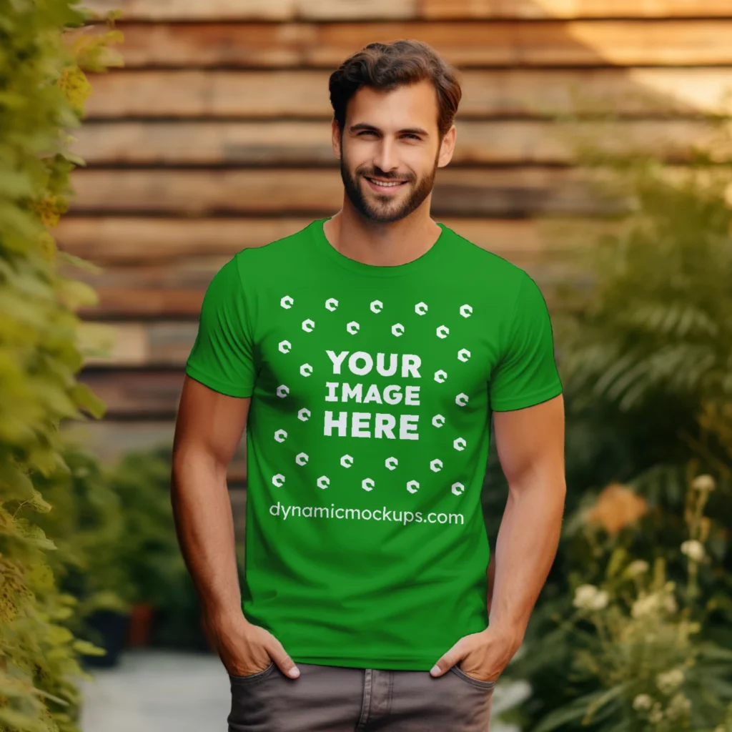 Man Wearing Green T-shirt Mockup Front View Template