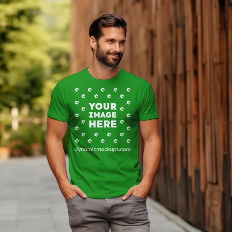 Man Wearing Green T-shirt Mockup Front View Template