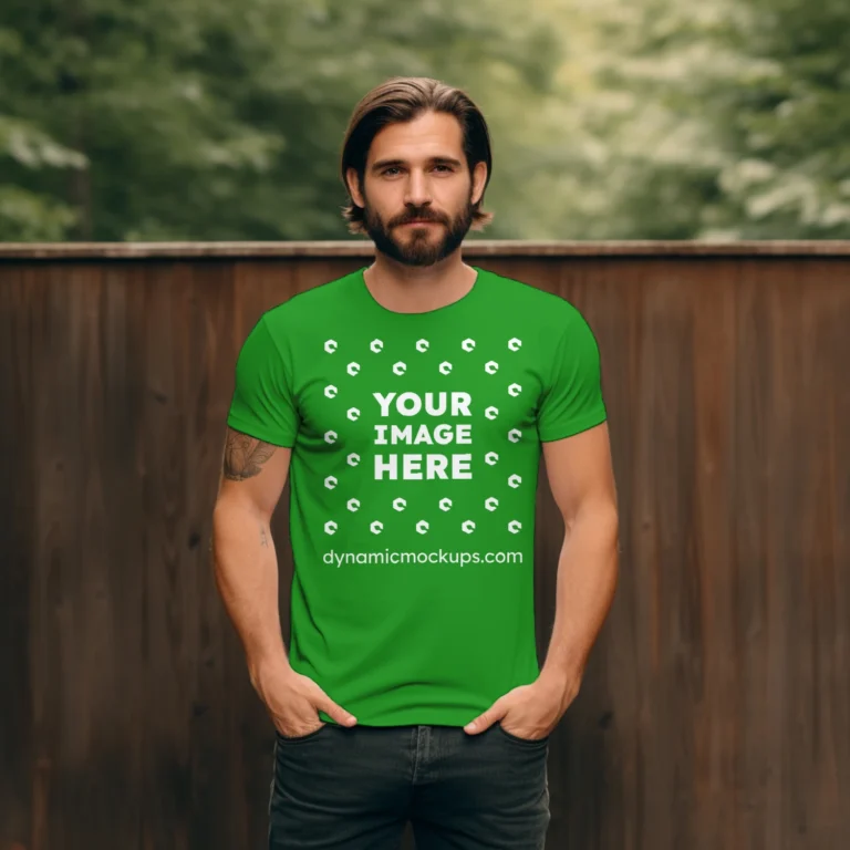 Man Wearing Green T-shirt Mockup Front View Template