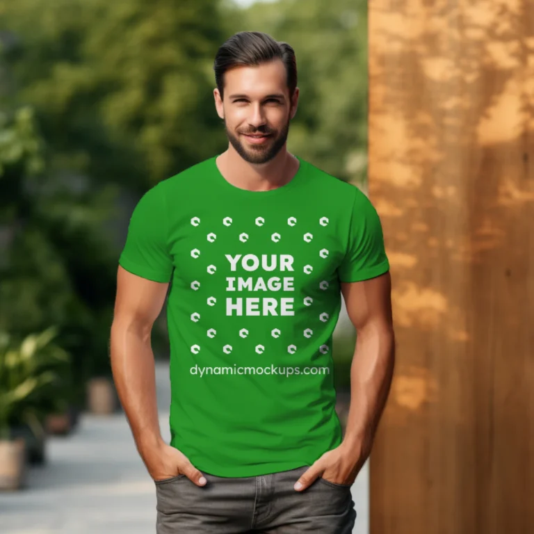 Man Wearing Green T-shirt Mockup Front View Template