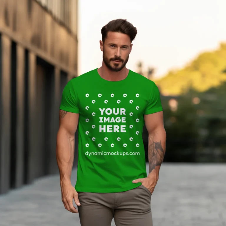 Man Wearing Green T-shirt Mockup Front View Template