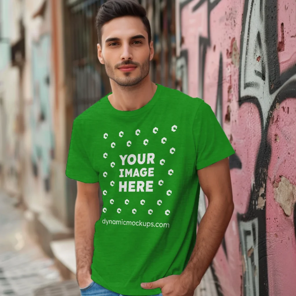 Man Wearing Green T-shirt Mockup Front View Template