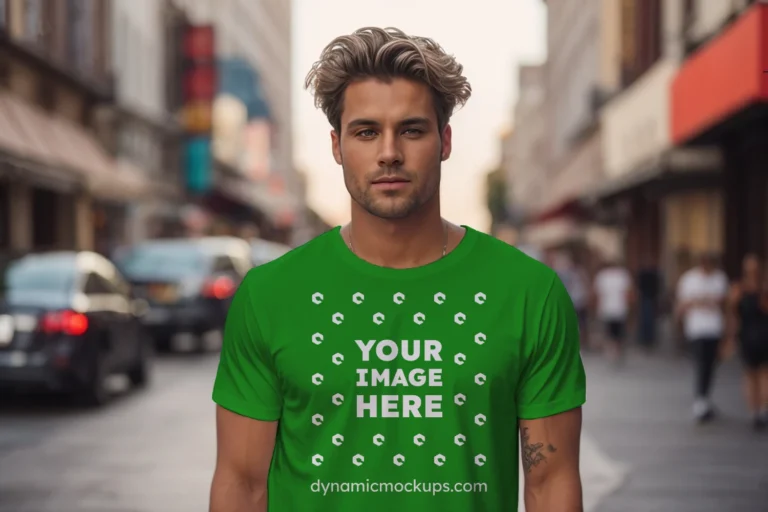 Man Wearing Green T-shirt Mockup Front View Template