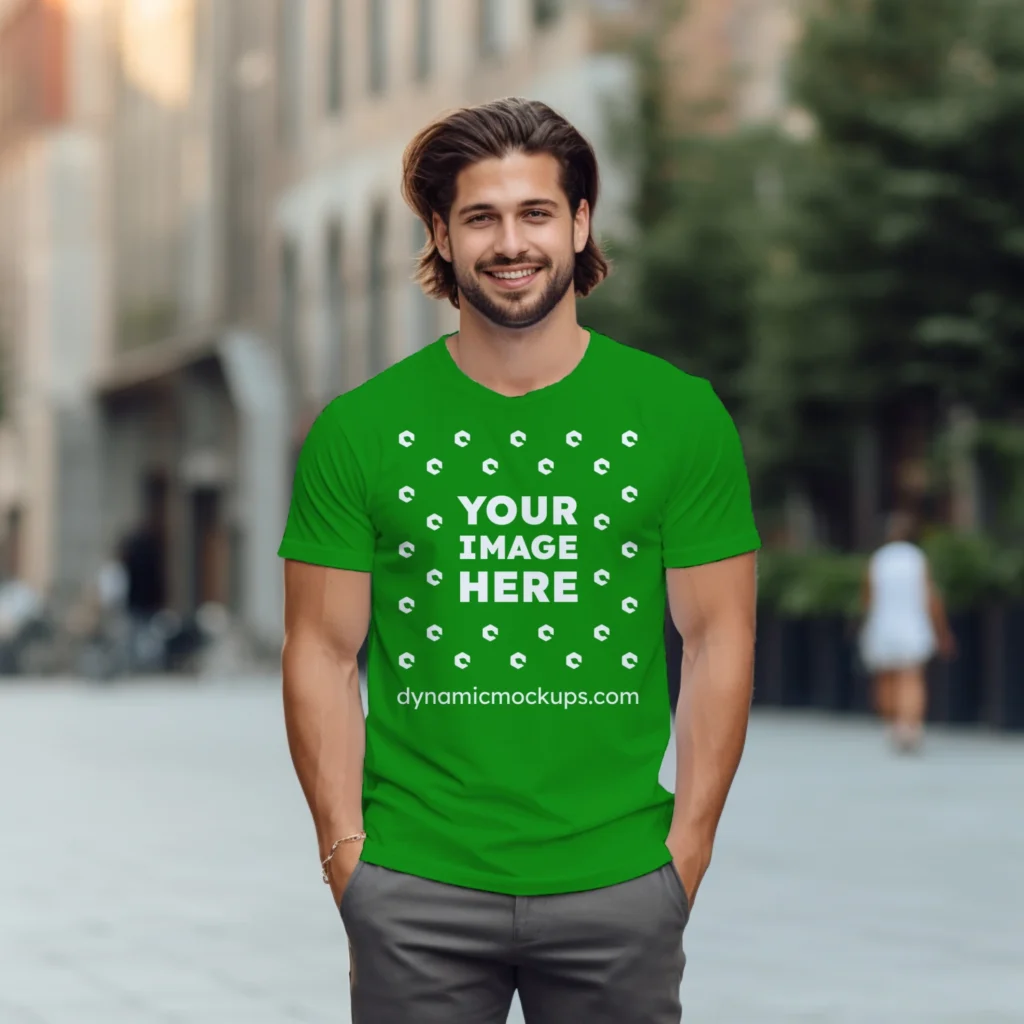 Man Wearing Green T-shirt Mockup Front View Template