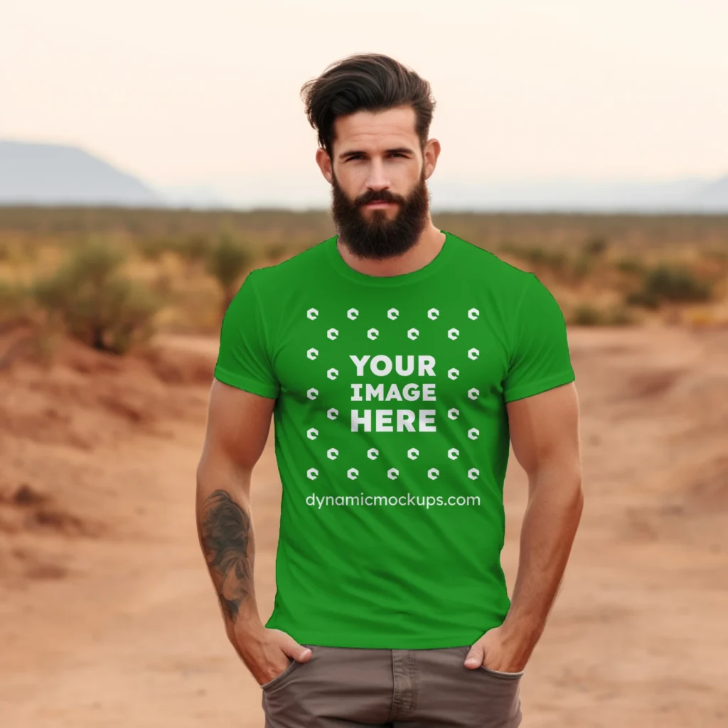 Man Wearing Green T-shirt Mockup Front View Template