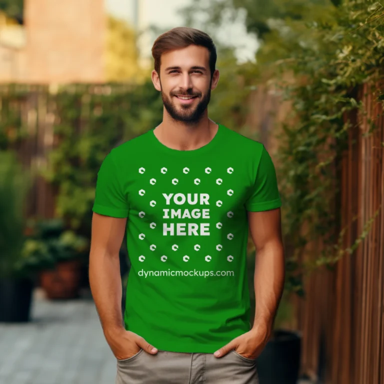 Man Wearing Green T-shirt Mockup Front View Template