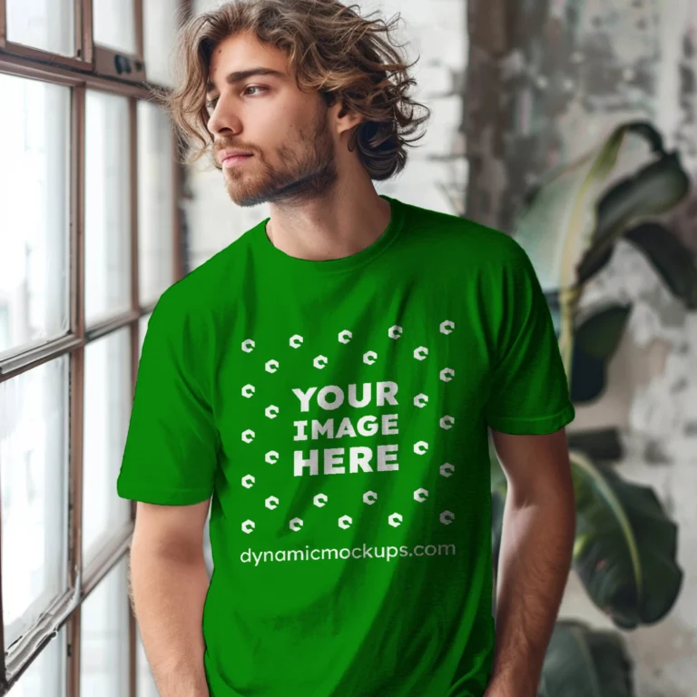 Man Wearing Green T-shirt Mockup Front View Template