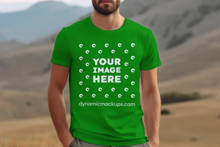 Man Wearing Green T-shirt Mockup Front View Template