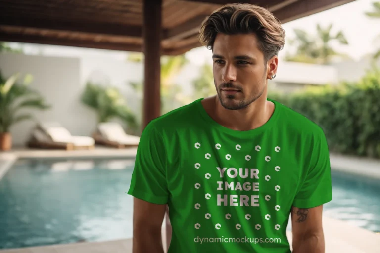 Man Wearing Green T-shirt Mockup Front View Template