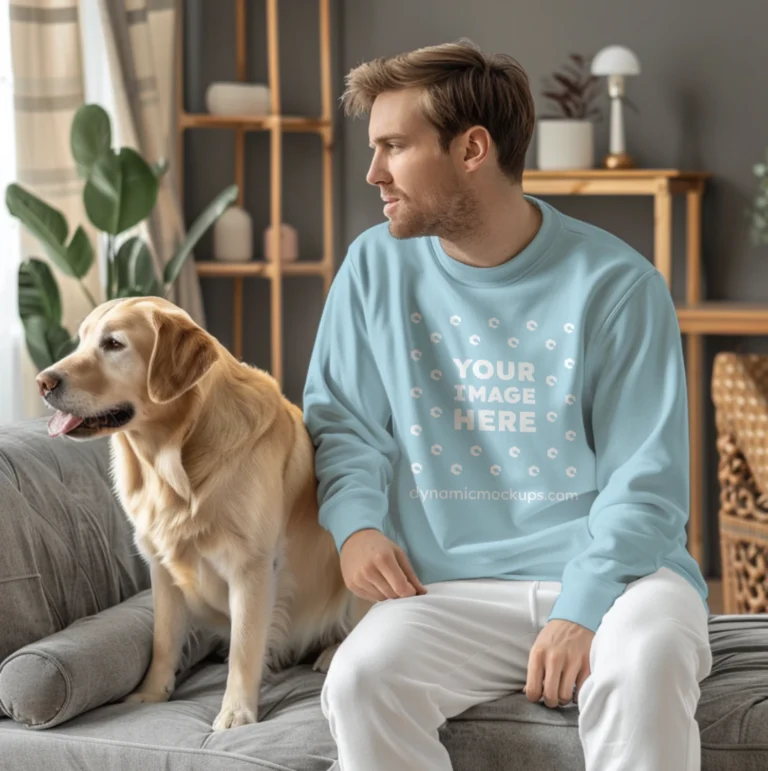 Man Wearing Light Blue Sweatshirt Mockup Front View Template