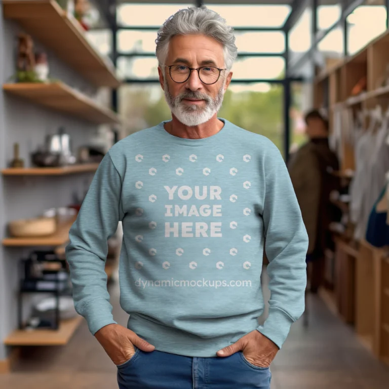 Man Wearing Light Blue Sweatshirt Mockup Front View Template