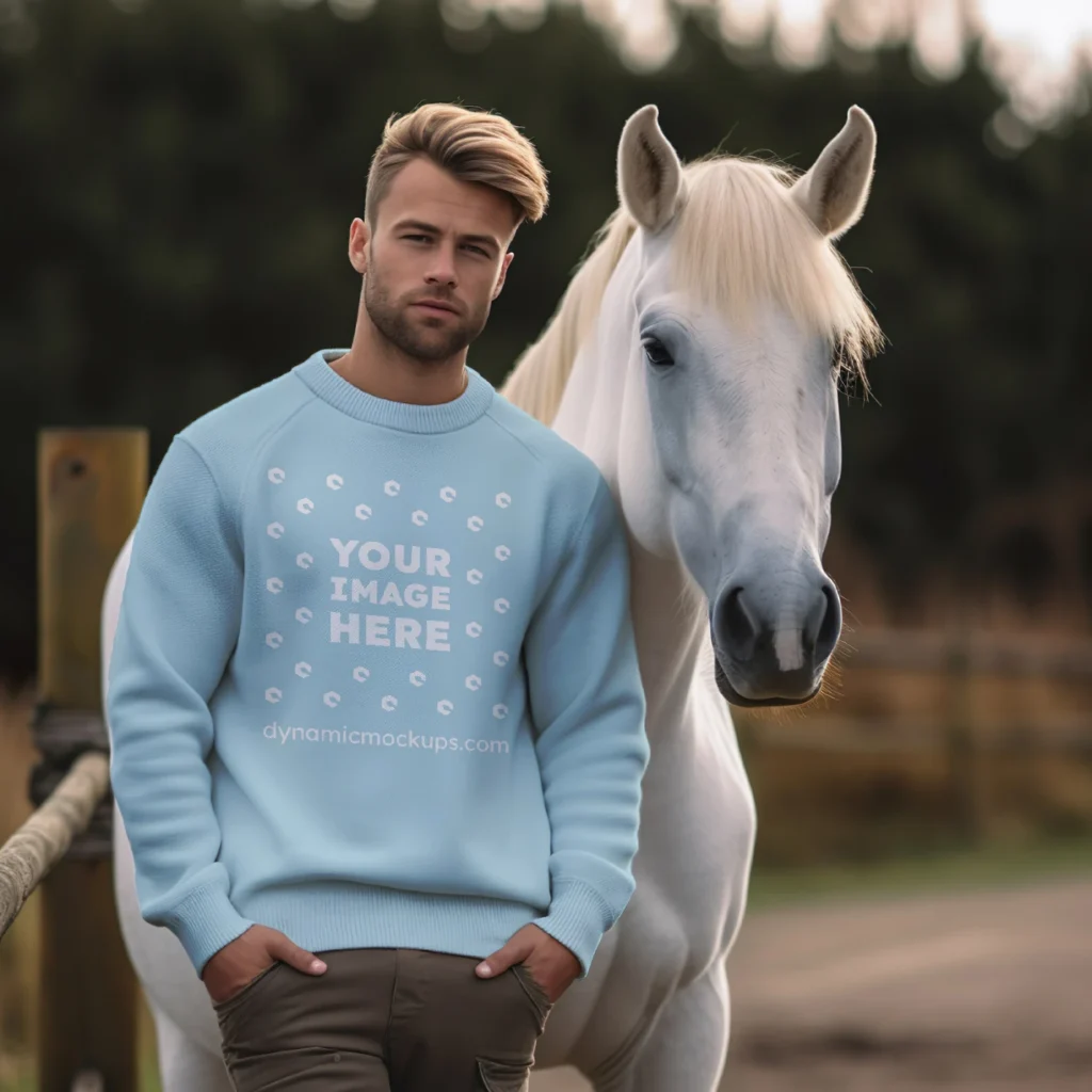 Man Wearing Light Blue Sweatshirt Mockup Front View Template