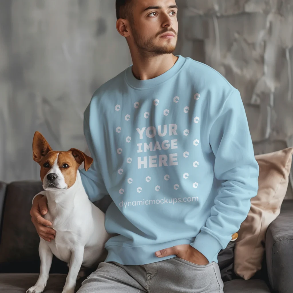 Man Wearing Light Blue Sweatshirt Mockup Front View Template