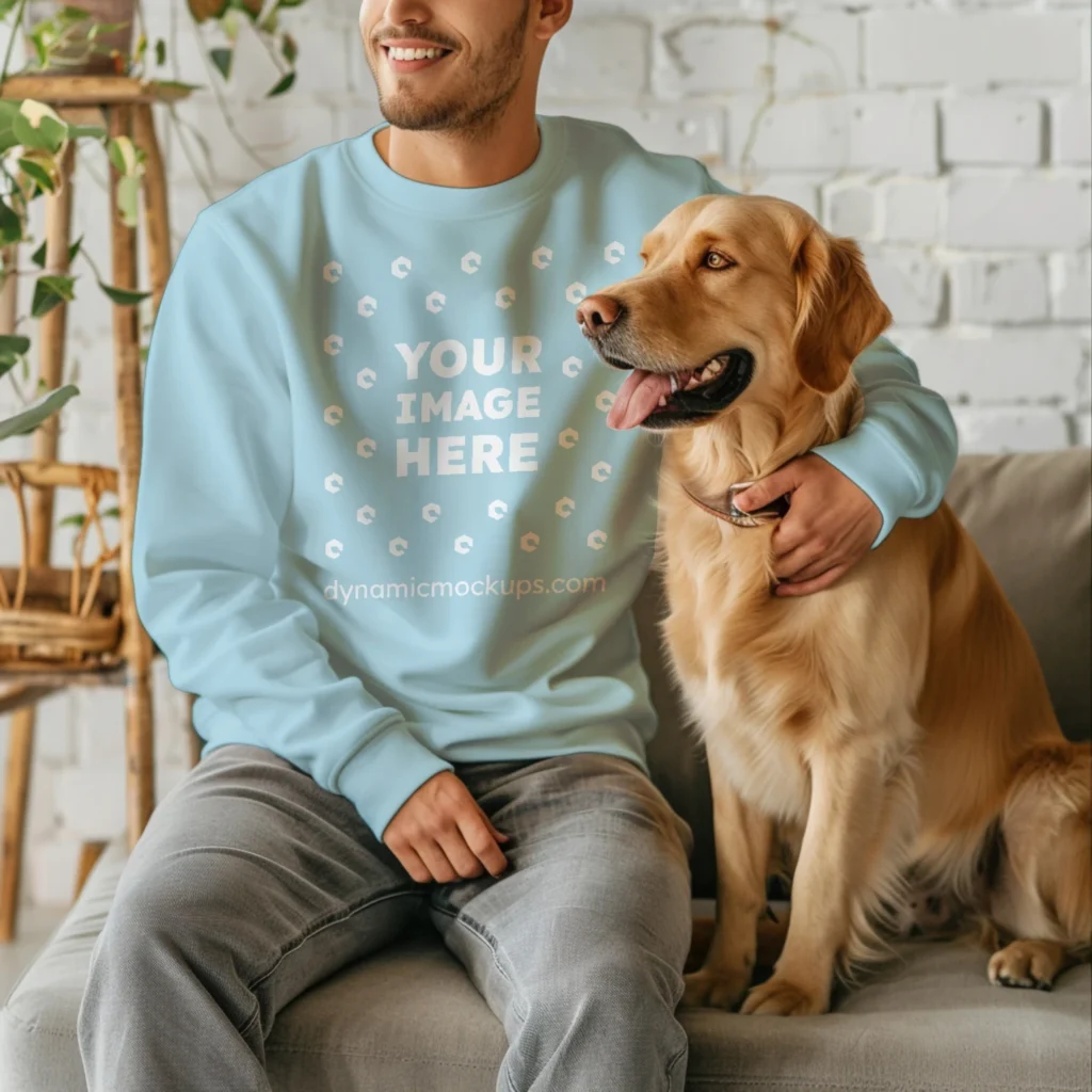 Man Wearing Light Blue Sweatshirt Mockup Front View Template