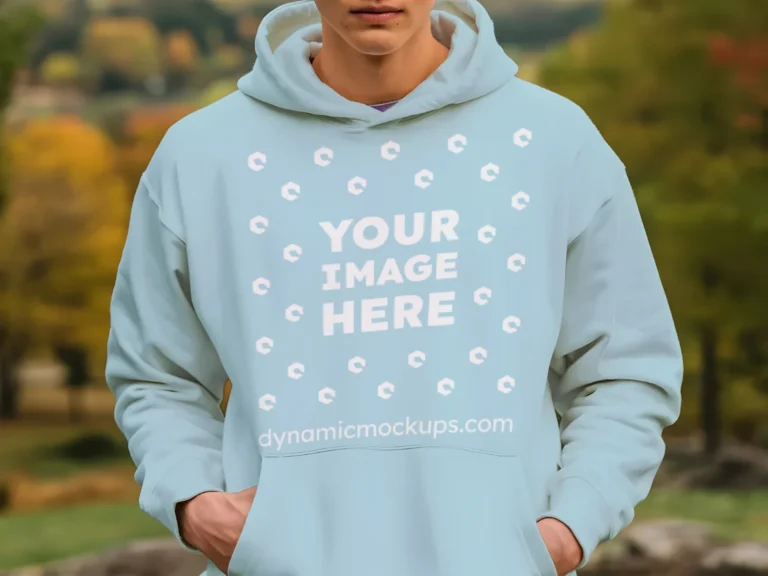 Man Wearing Light Blue Hoodie Mockup Front View Template