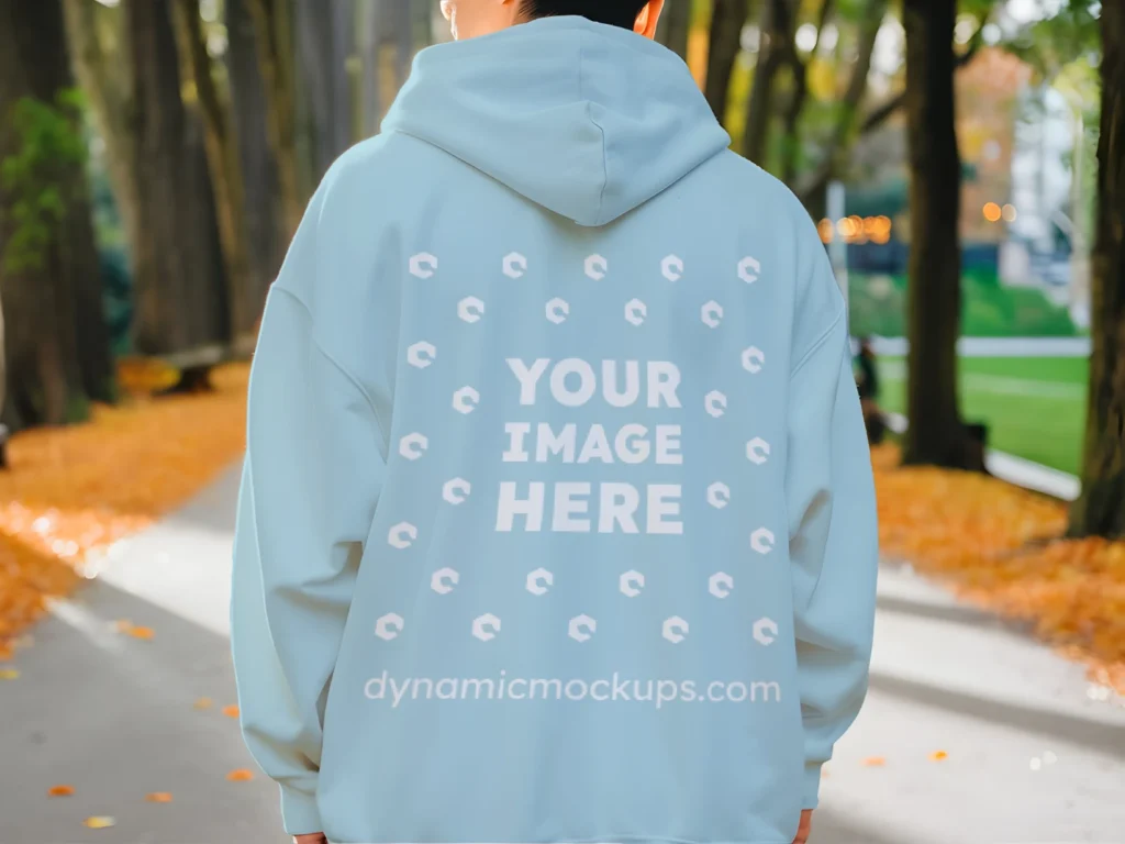 Man Wearing Light Blue Hoodie Mockup Back View Template