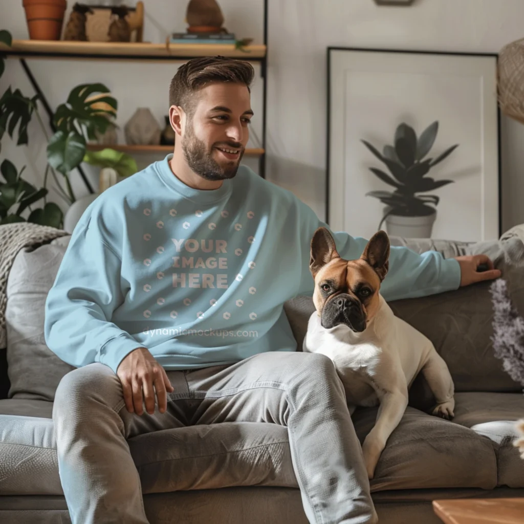 Man Wearing Light Blue Sweatshirt Mockup Front View Template