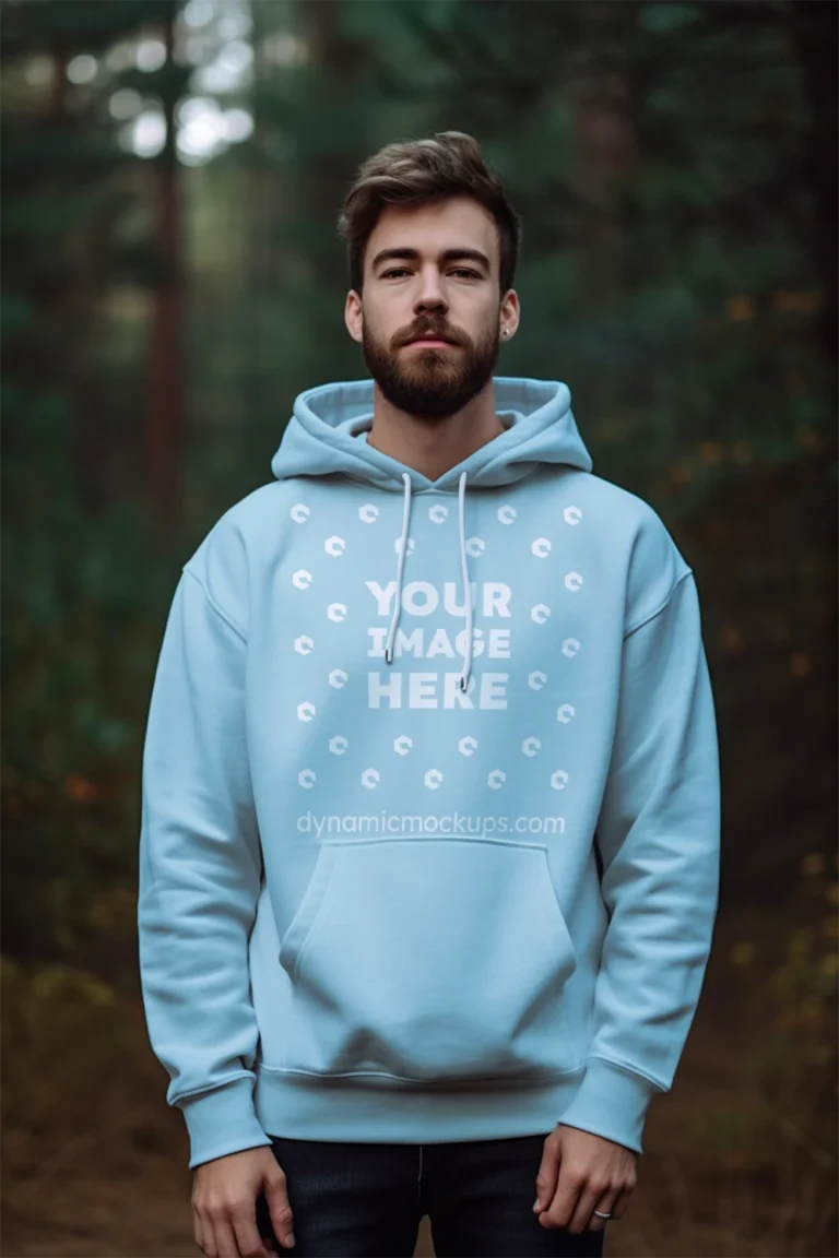 Man Wearing Light Blue Hoodie Mockup Front View Template