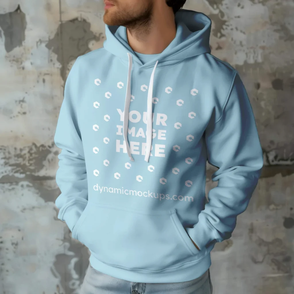 Man Wearing Light Blue Hoodie Mockup Front View Template