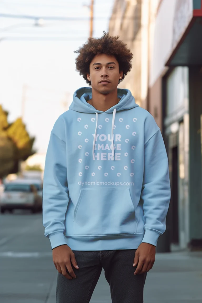 Man Wearing Light Blue Hoodie Mockup Front View Template