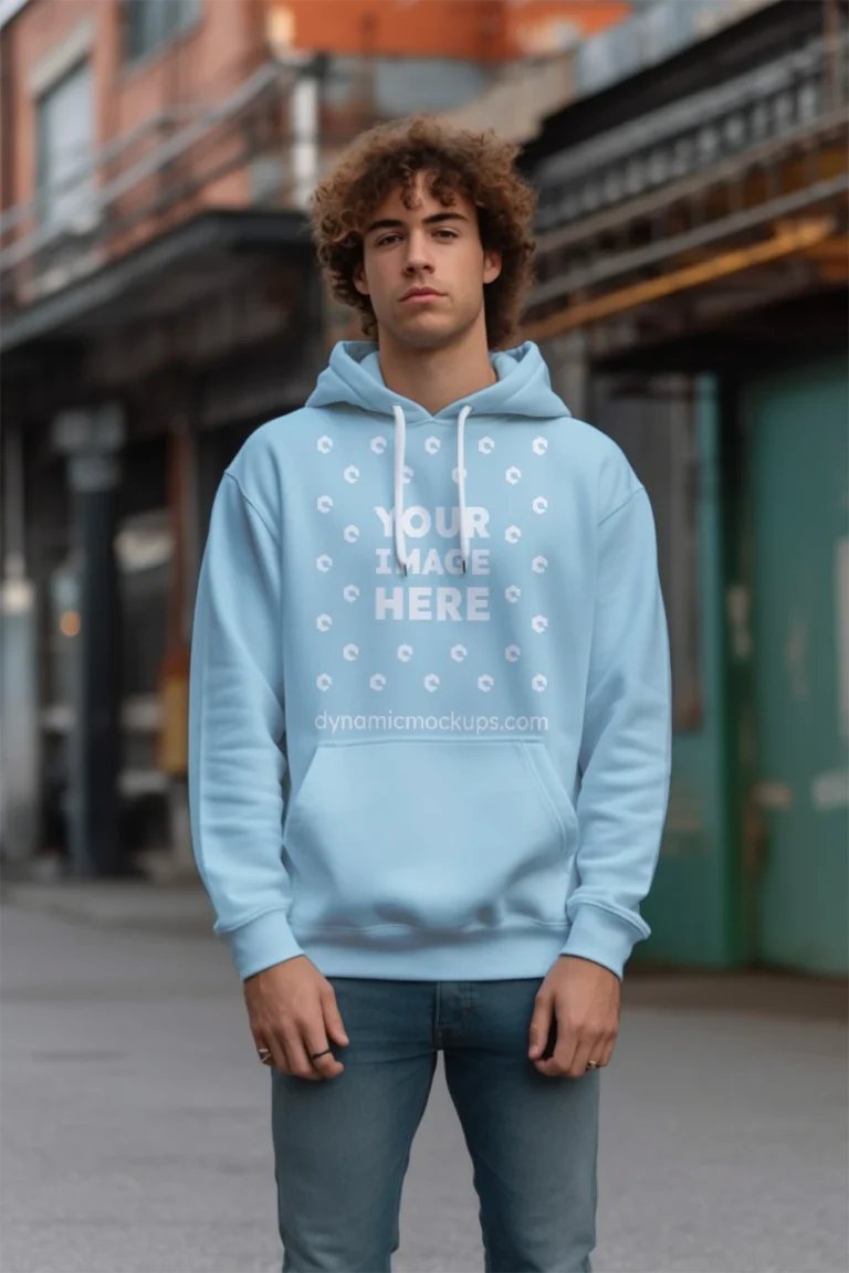 Man Wearing Light Blue Hoodie Mockup Front View Template