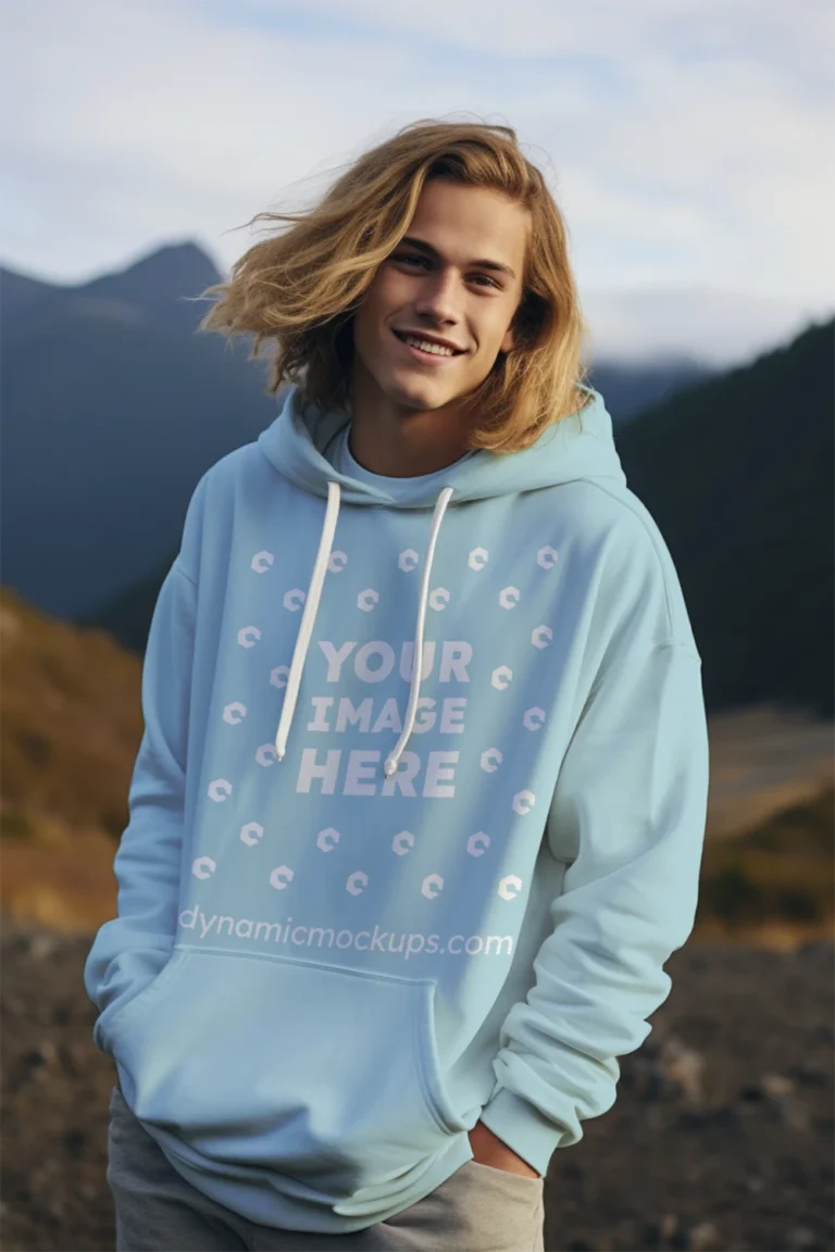 Man Wearing Light Blue Hoodie Mockup Front View Template