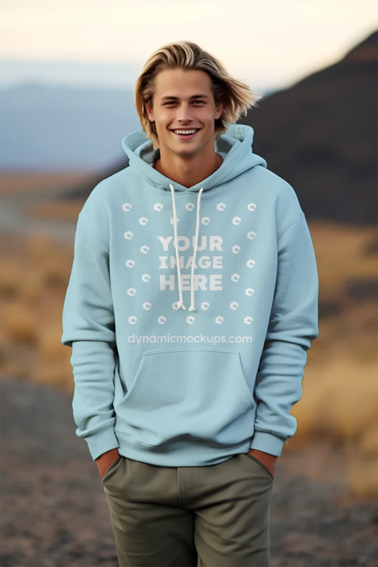 Man Wearing Light Blue Hoodie Mockup Front View Template