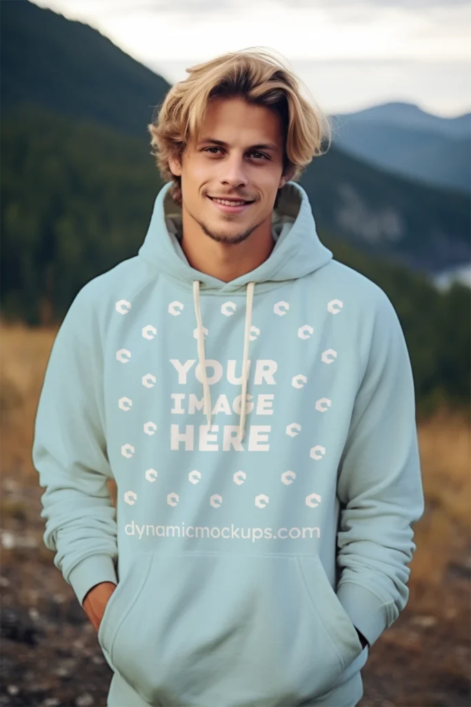 Man Wearing Light Blue Hoodie Mockup Front View Template