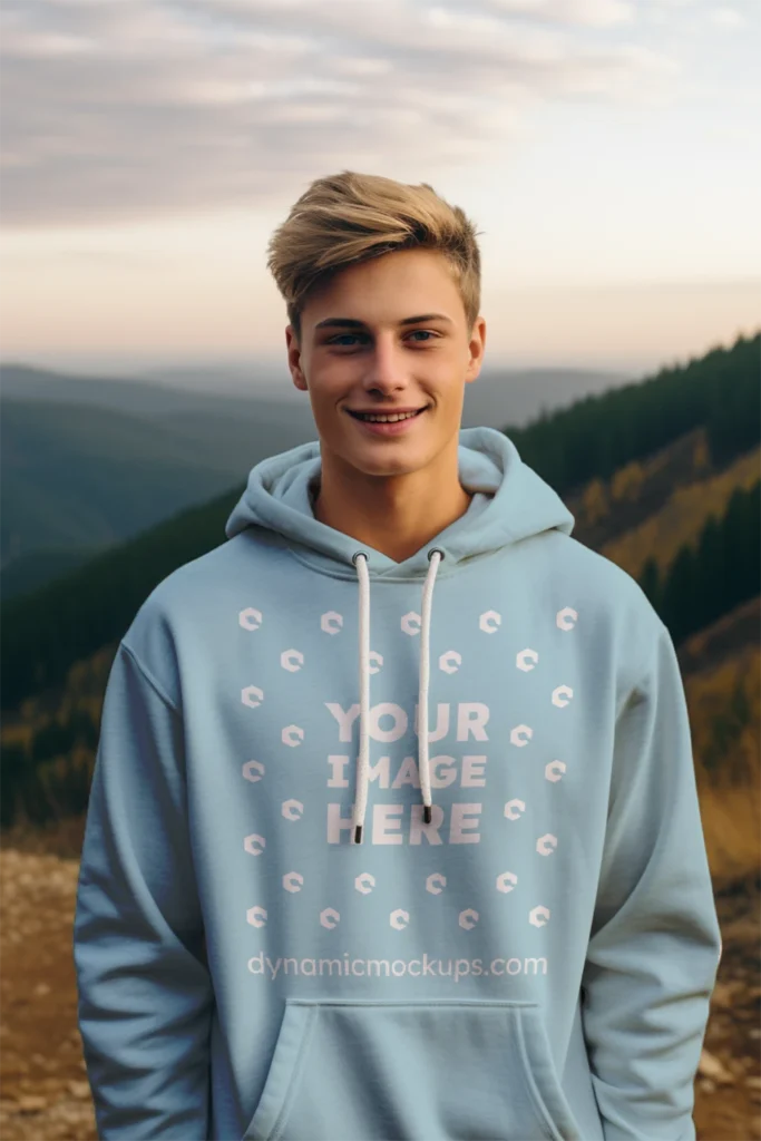 Man Wearing Light Blue Hoodie Mockup Front View Template