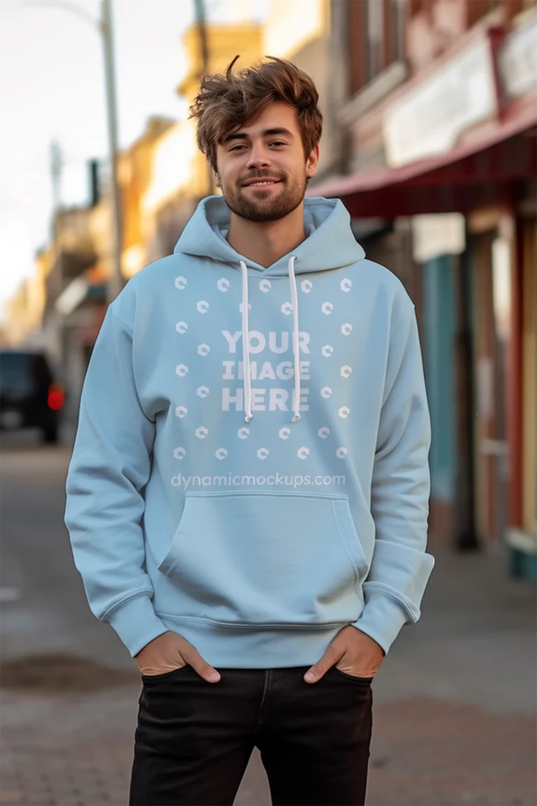 Man Wearing Light Blue Hoodie Mockup Front View Template