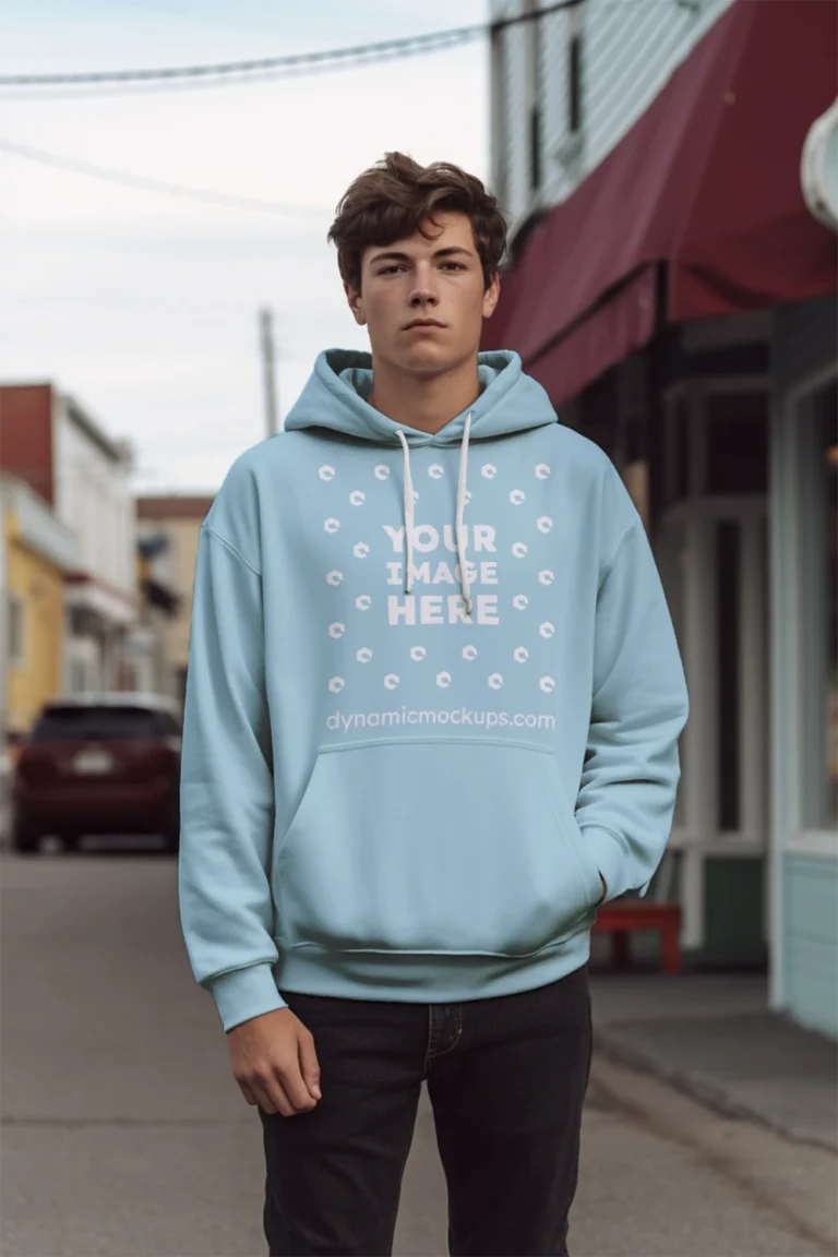 Man Wearing Light Blue Hoodie Mockup Front View Template