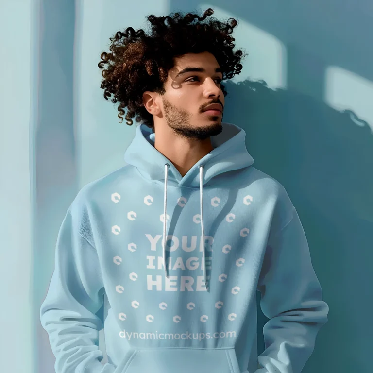 Man Wearing Light Blue Hoodie Mockup Front View Template