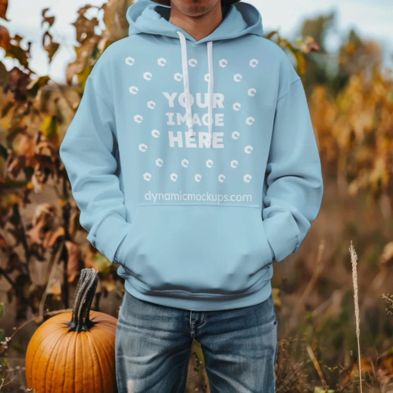 Man Wearing Light Blue Hoodie Mockup Front View Template