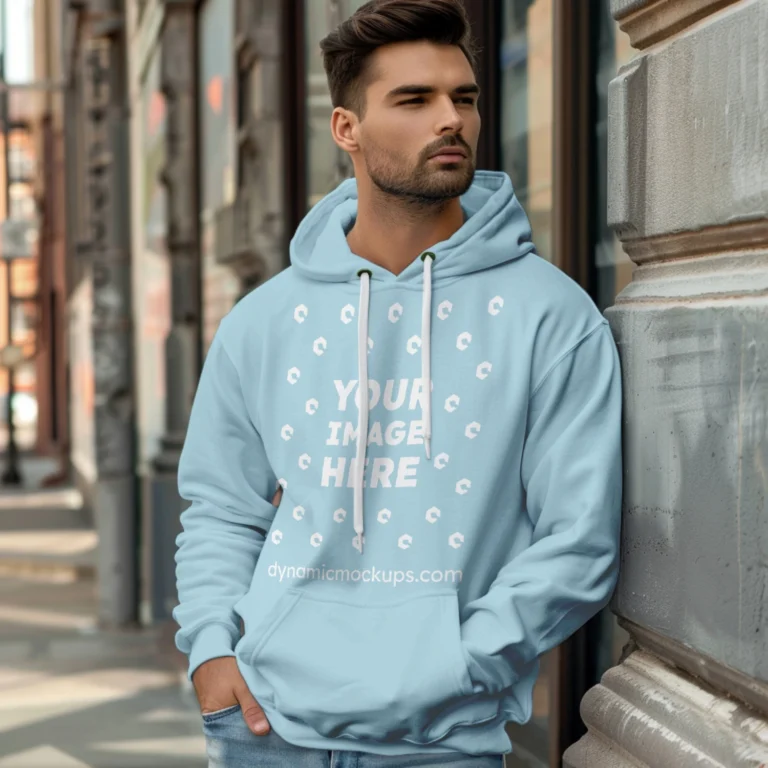 Man Wearing Light Blue Hoodie Mockup Front View Template