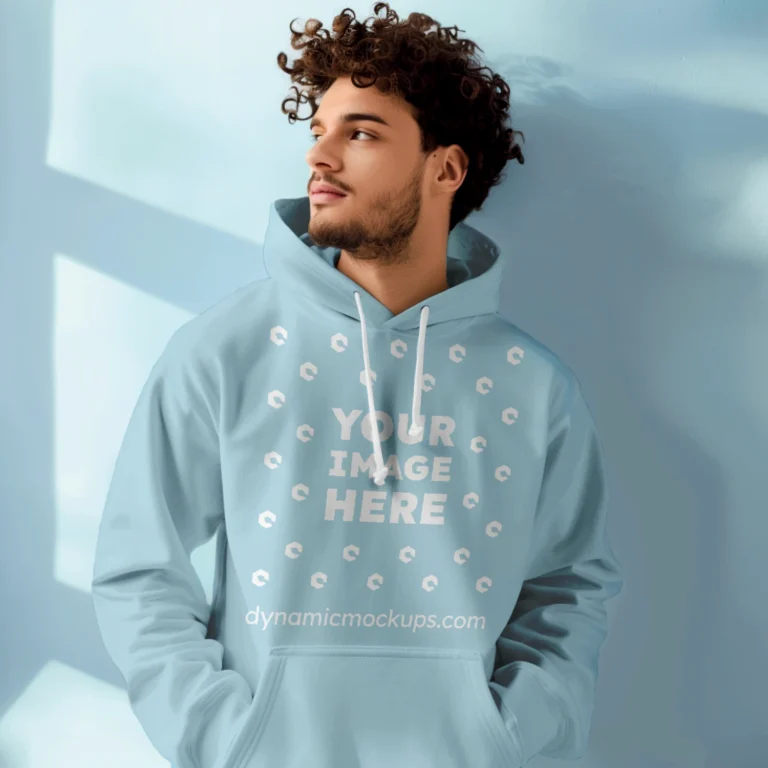 Man Wearing Light Blue Hoodie Mockup Front View Template