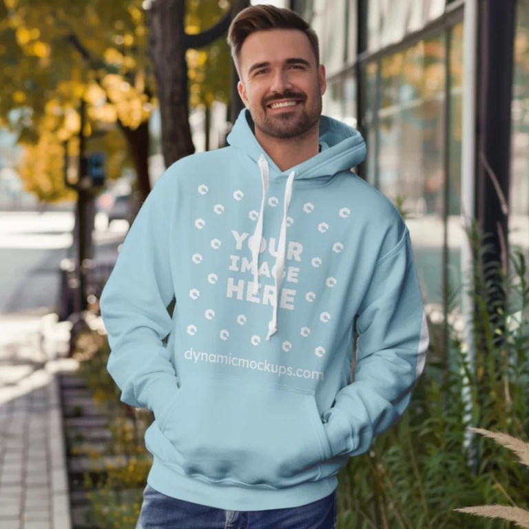 Man Wearing Light Blue Hoodie Mockup Front View Template