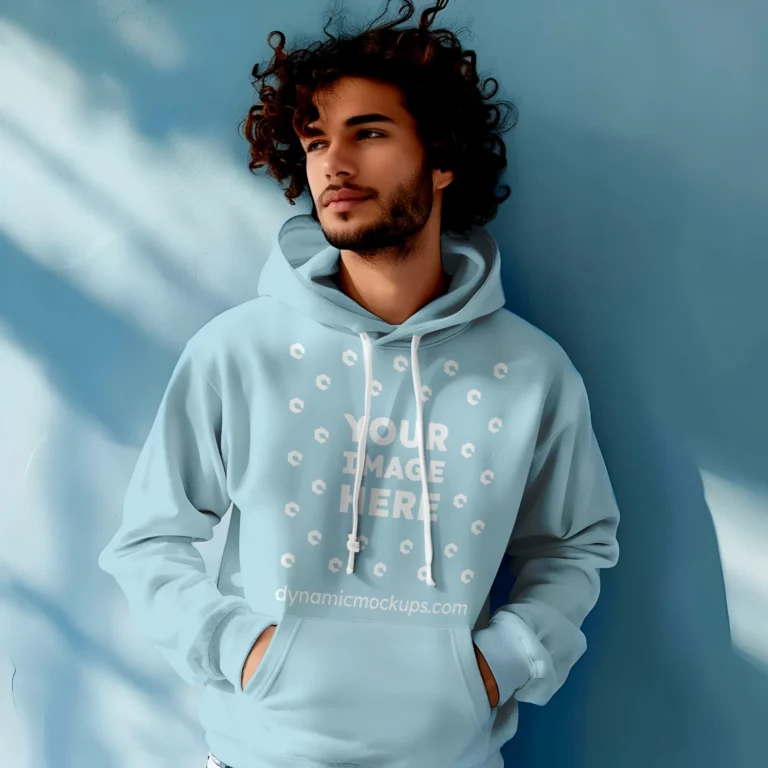 Man Wearing Light Blue Hoodie Mockup Front View Template