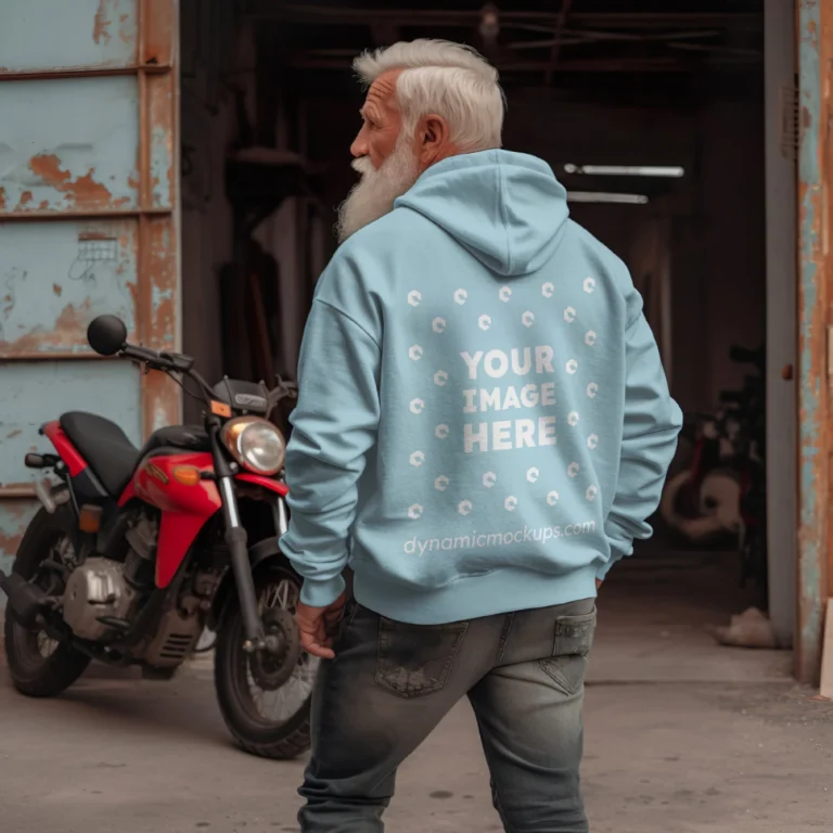 Man Wearing Light Blue Hoodie Mockup Back View Template