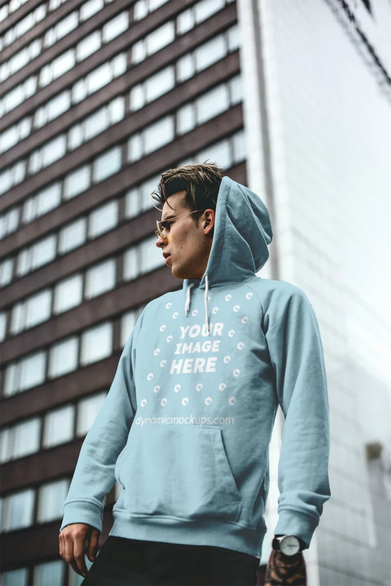 Man Wearing Light Blue Hoodie Mockup Front View Template