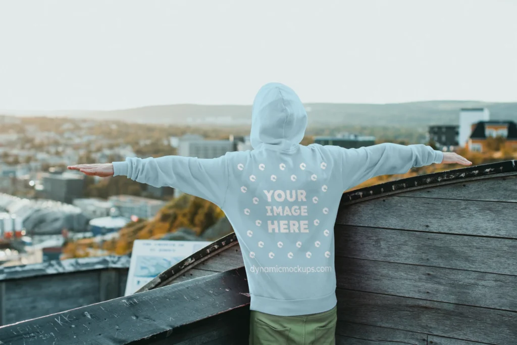 Man Wearing Light Blue Hoodie Mockup Back View Template